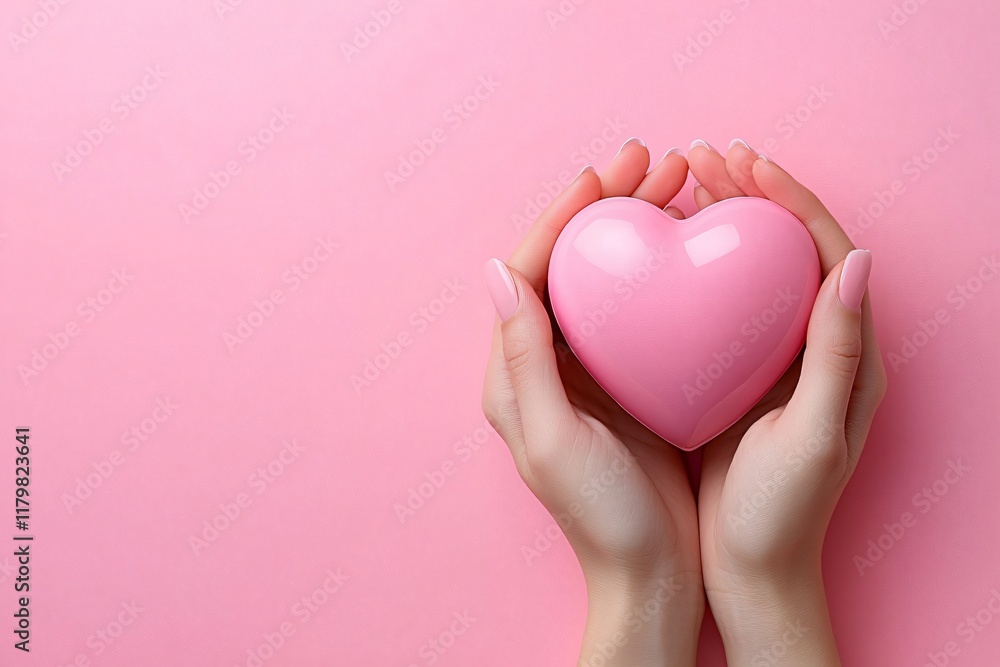 Fototapeta premium A soft pastel pink heart held delicately, perfect for Valentine's Day, love-related promotions, and emotional wellness themes in modern design.