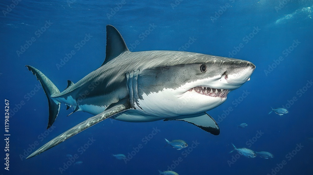 Obraz premium Great white shark underwater, swimming, open mouth, sharp teeth, ocean, blue water, wildlife.