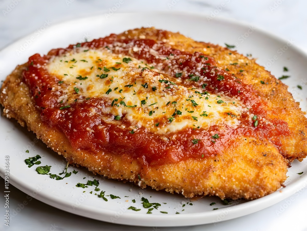 Crispy Breaded Chicken Cutlet Topped with Rich Tomato Sauce and Melted Cheese on a White Plate Garnished with Fresh Parsley in a Restaurant Setting Crispy Breaded Chicken Cutlet Topped with Rich Tomato Sauce and Melted Cheese on a White Plate Garnished with Fresh Parsley in a Restaurant Setting