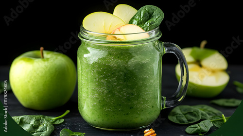 Refreshing Green Apple and Spinach Smoothie in a Mason Jar: A Healthy and Delicious Drink photo