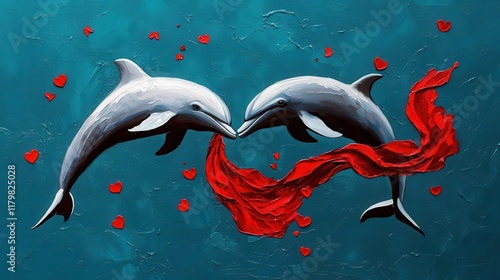 Romantic acrylic portrayal of dolphins leaping together with a red scarf flowing between them, ocean love, Valentines beauty, animal romance photo