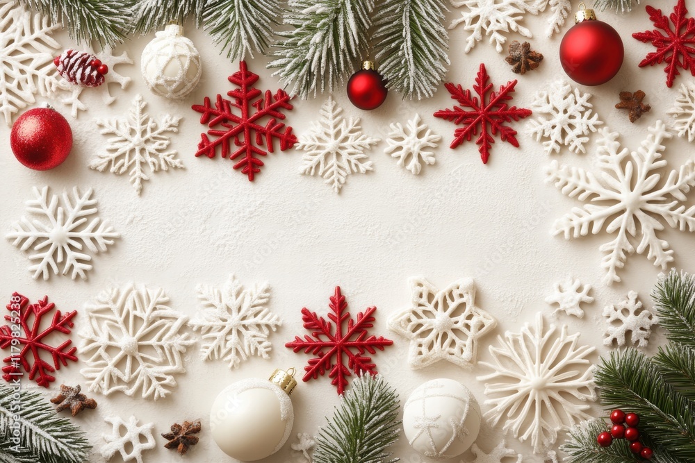 Christmas Decor with Red and White Snowflakes and Ornaments Christmas Decor with Red and White Snowflakes and Ornaments
