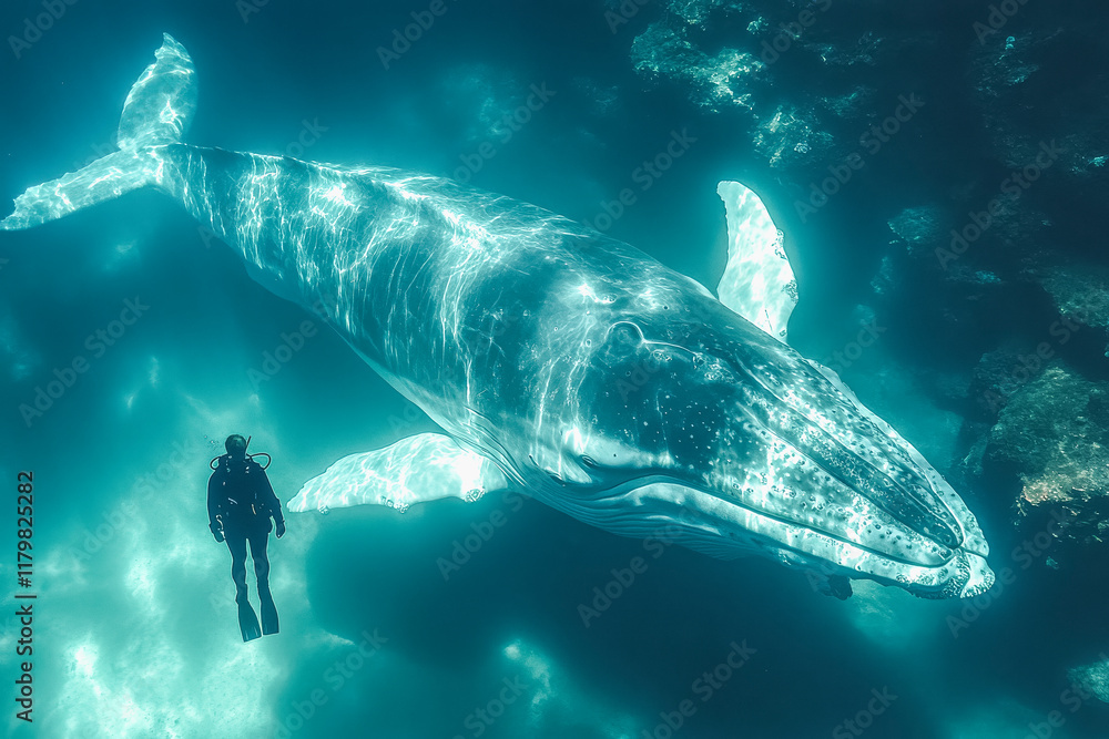 Naklejka premium Mesmerizing underwater encounter with giant whale and diver
