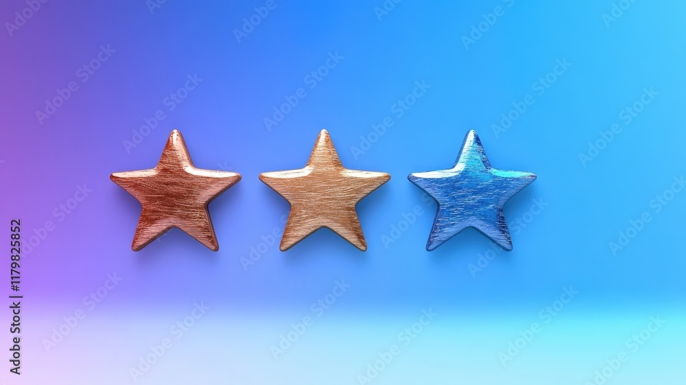 Obraz premium Three stylized stars in gold, silver, and blue against a gradient background, representing ratings or achievements.