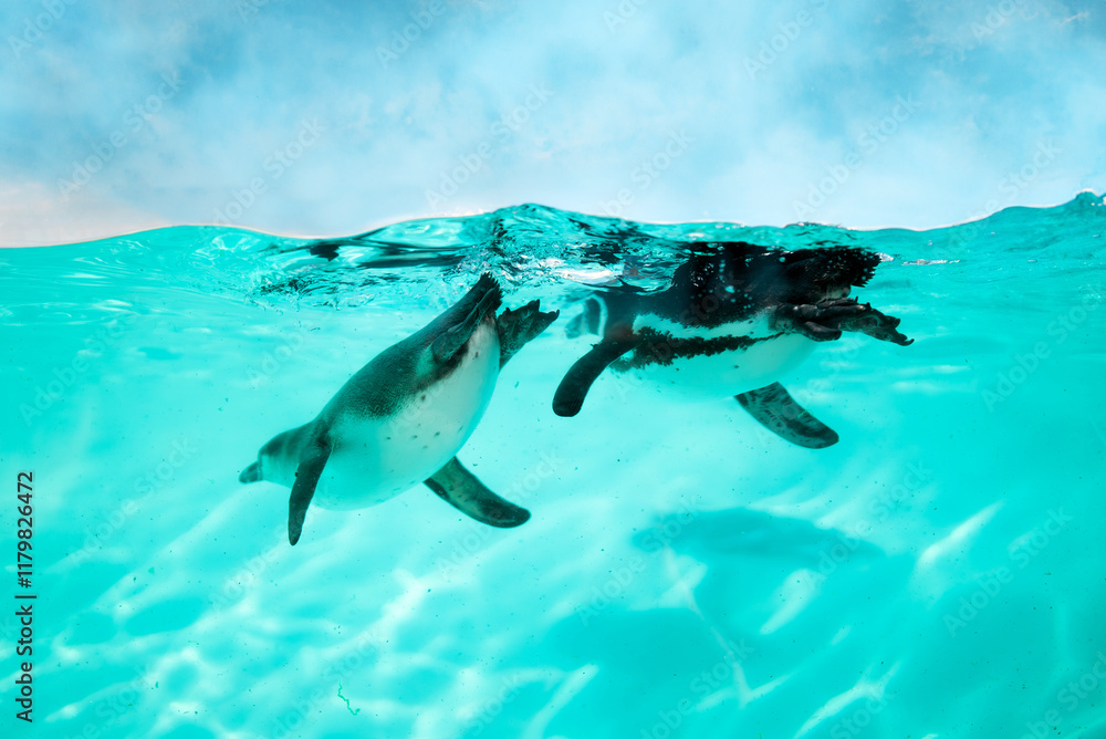 Obraz premium The penguin swims underwater in the sea.