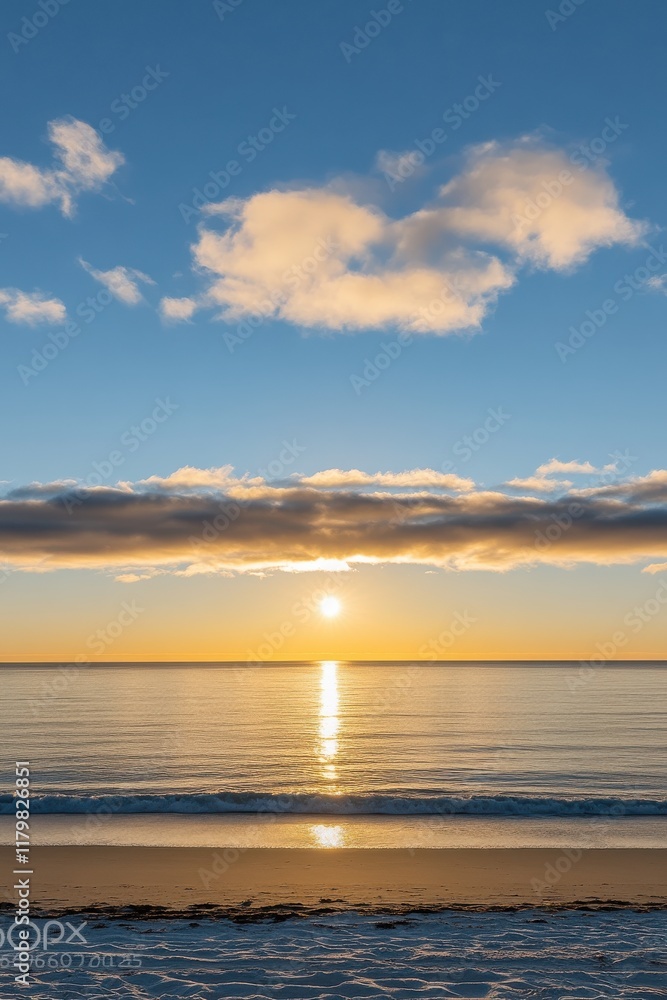 Obraz premium Serene sunrise over the Pacific Ocean at a beach in Oregon, USA, showcasing a tranquil seascape with soft waves and a clear sky.