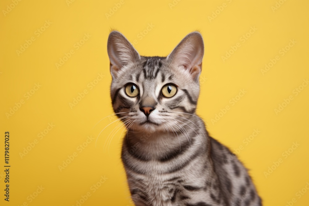 Portrait of a cute egyptian mau cat in front of soft yellow background Portrait of a cute egyptian mau cat in front of soft yellow background