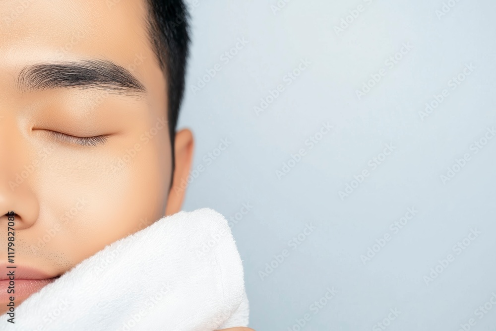 Young man cleaning face skin with white towel after shaving Young man cleaning face skin with white towel after shaving