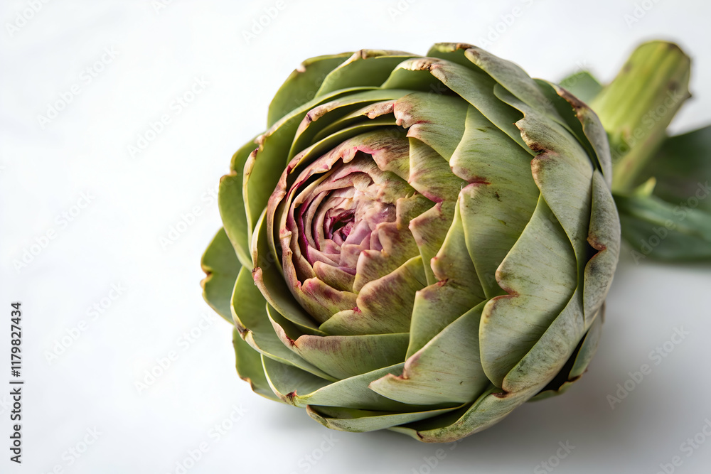Fresh Artichoke with Vibrant Green and Purple Layers on White Background Fresh Artichoke with Vibrant Green and Purple Layers on White Background