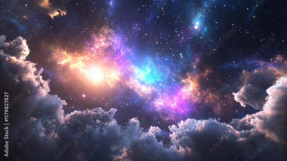 Naklejka premium Vibrant Celestial Canvas, a mesmerizing expanse of colorful nebula clouds against a brilliant starry sky in the depths of space