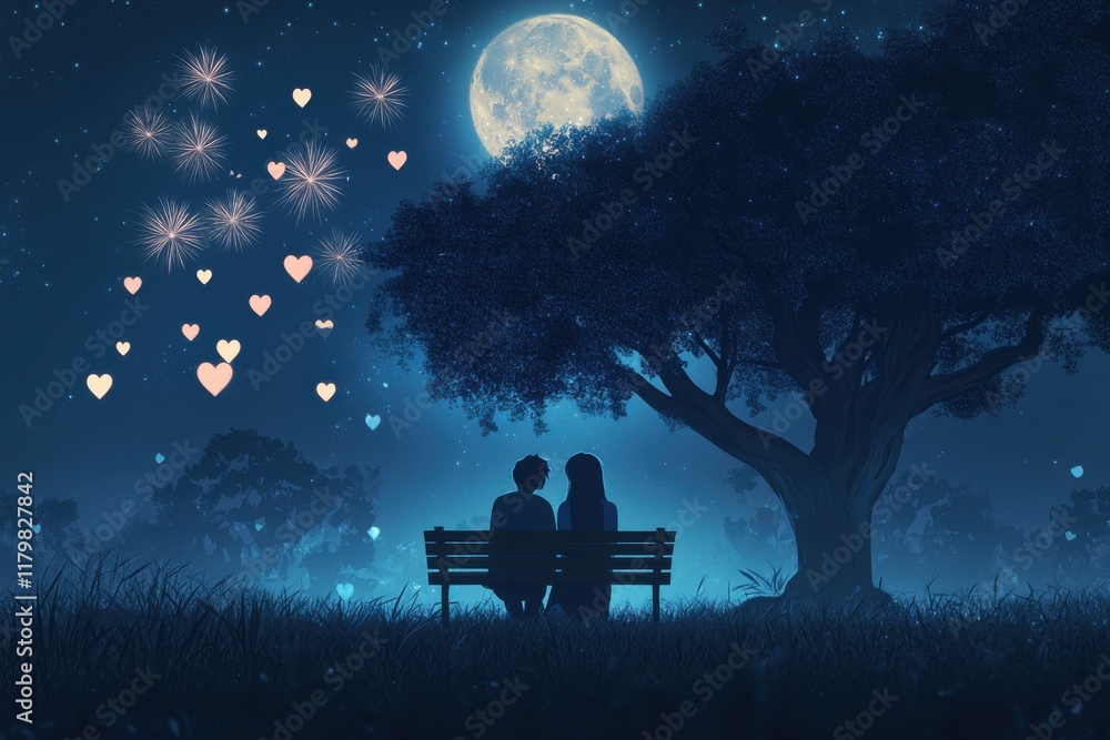 Anime Style Couple Sitting on Bench under Tree Gazing at Sky: An anime-style illustration of a couple sitting on a bench, enjoying the view of the sky. Anime Style Couple Sitting on Bench under Tree Gazing at Sky: An anime-style illustration of a couple sitting on a bench, enjoying the view of the sky.