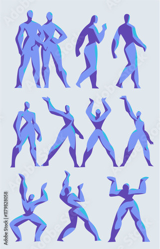 set of male figures in various poses and movements, silhouette figure stick