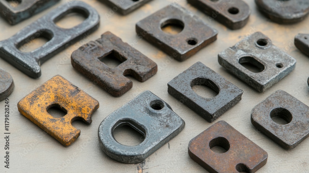 Assorted Metal Pieces with Unique Shapes and Textures on Surface Assorted Metal Pieces with Unique Shapes and Textures on Surface