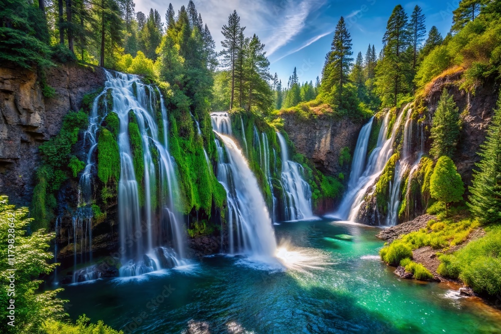 Majestic Burney Falls Waterfall Cascading Down Rocky Cliffs, Abundant Copy Space Majestic Burney Falls Waterfall Cascading Down Rocky Cliffs, Abundant Copy Space