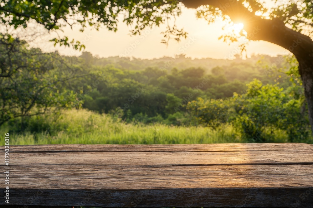 Serene Outdoor Table with Natural Background Surrounded by Lush Greenery and Soft Sunlight at Dawn or Dusk, Ideal for Relaxation and Reflection Serene Outdoor Table with Natural Background Surrounded by Lush Greenery and Soft Sunlight at Dawn or Dusk, Ideal for Relaxation and Reflection