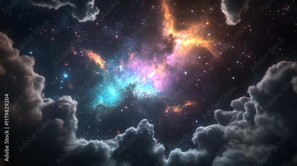 Fototapeta premium Vibrant Cosmic Canvas, an expansive view of a star-filled sky adorned with colorful nebula clouds in the depths of space