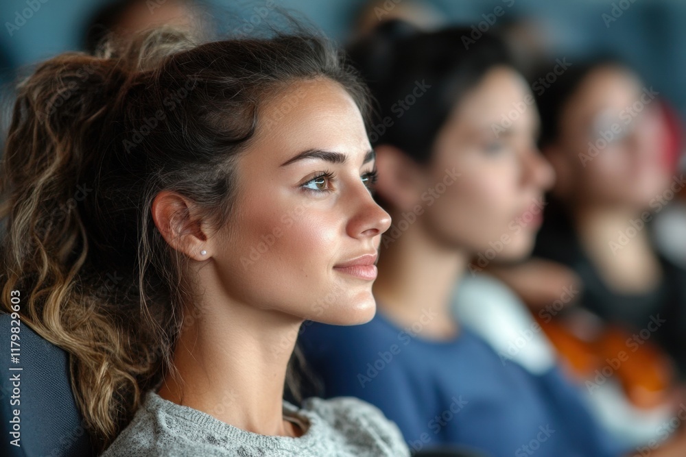 Thoughtful Young Woman Attending a Conference or Presentation Event Thoughtful Young Woman Attending a Conference or Presentation Event
