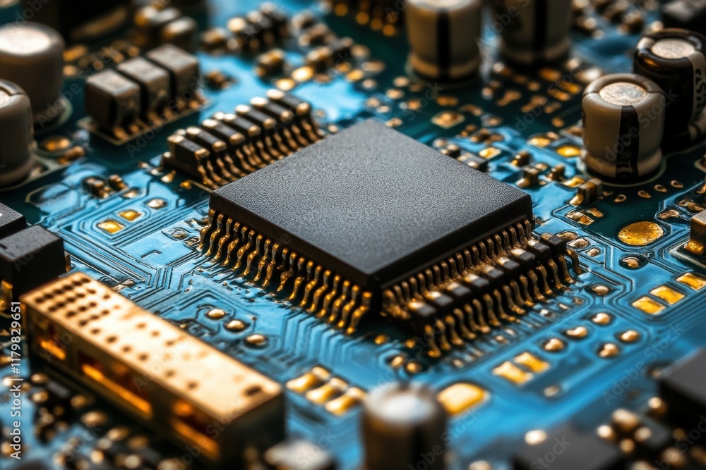 Close-Up of Microchip on Printed Circuit Board with Electrical Components Close-Up of Microchip on Printed Circuit Board with Electrical Components