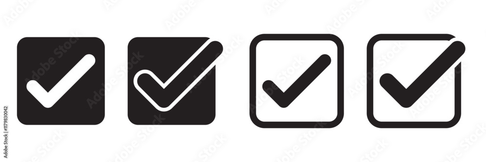 Simple checkmark in a box set with different line width. Correct, approved symbol. Vector icons in flat style Simple checkmark in a box set with different line width. Correct, approved symbol. Vector icons in flat style