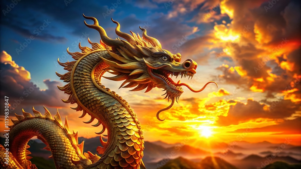 Obraz premium Majestic Chinese Dragon Silhouette at Sunset - 3D Rendered Tilt-Shift Image