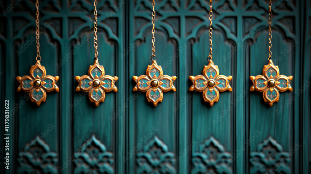 Intricate golden ornaments hang against teal decorative background, showcasing detailed craftsmanship and elegance. design features floral motifs and gemstones, creating stunning visual appeal Intricate golden ornaments hang against teal decorative background, showcasing detailed craftsmanship and elegance. design features floral motifs and gemstones, creating stunning visual appeal