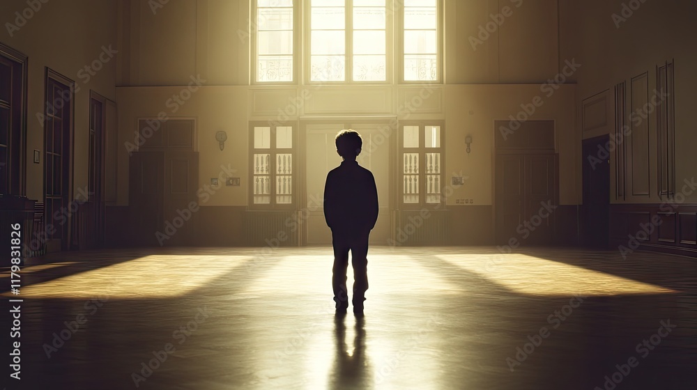 Fototapeta premium Child standing in sunlit hall.