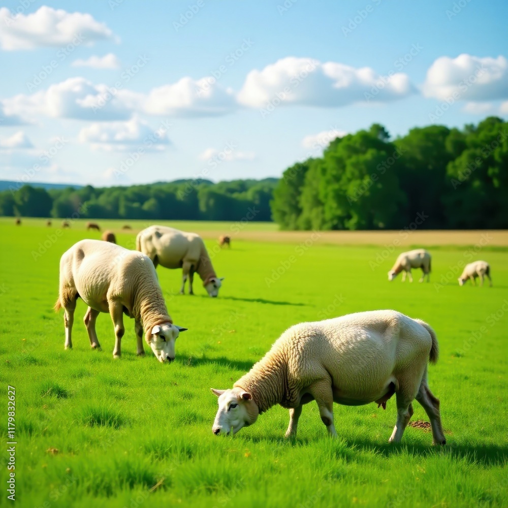 Flock of sheep grazing peacefully in a green meadow , grass, green Flock of sheep grazing peacefully in a green meadow , grass, green