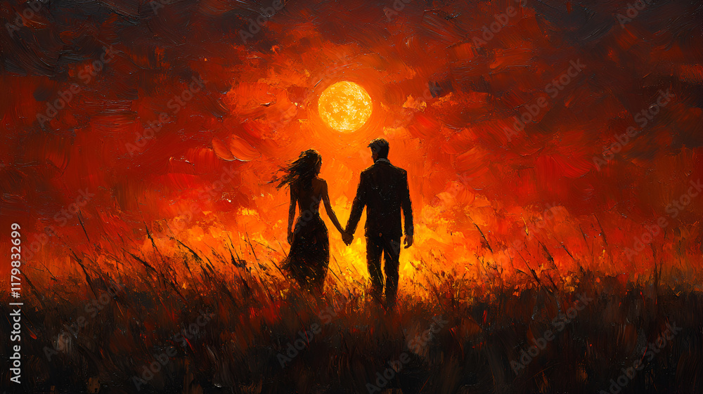 Fototapeta premium couple holding hands against vibrant sunset, symbolizing love and connection