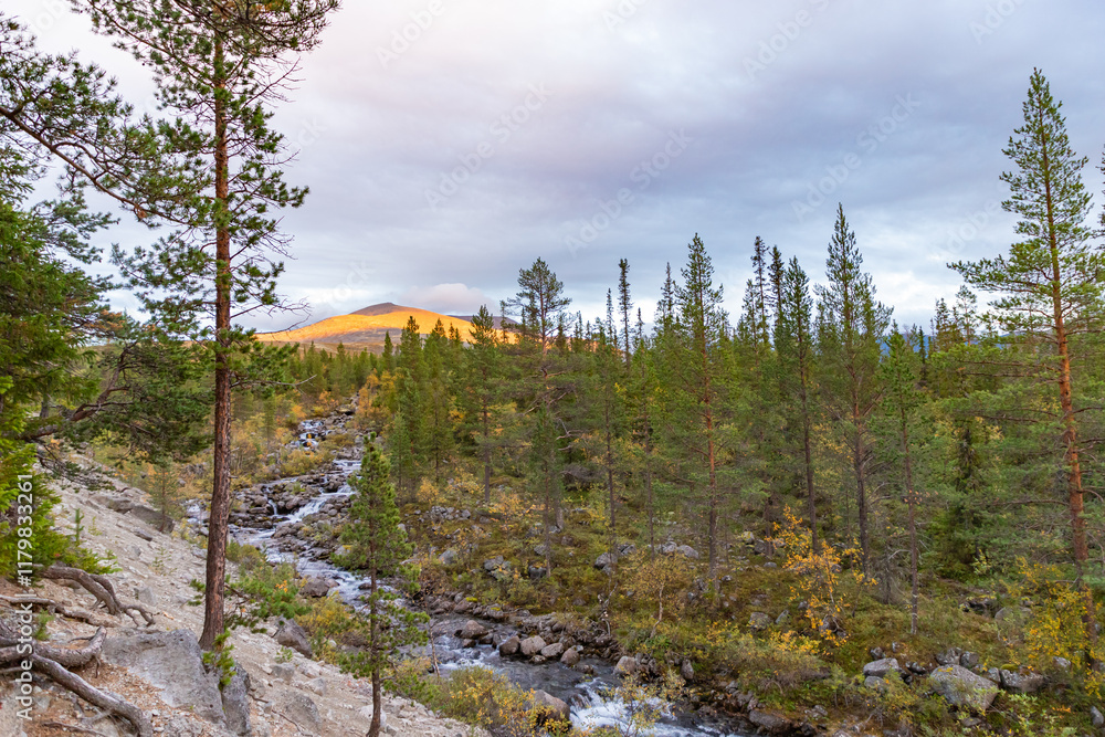 Chasnayok creek in Khibiny mountains near Chorrgor south pass. Early autumn in arctic tundra region. Kola peninsula, Murmansk region, Russia.