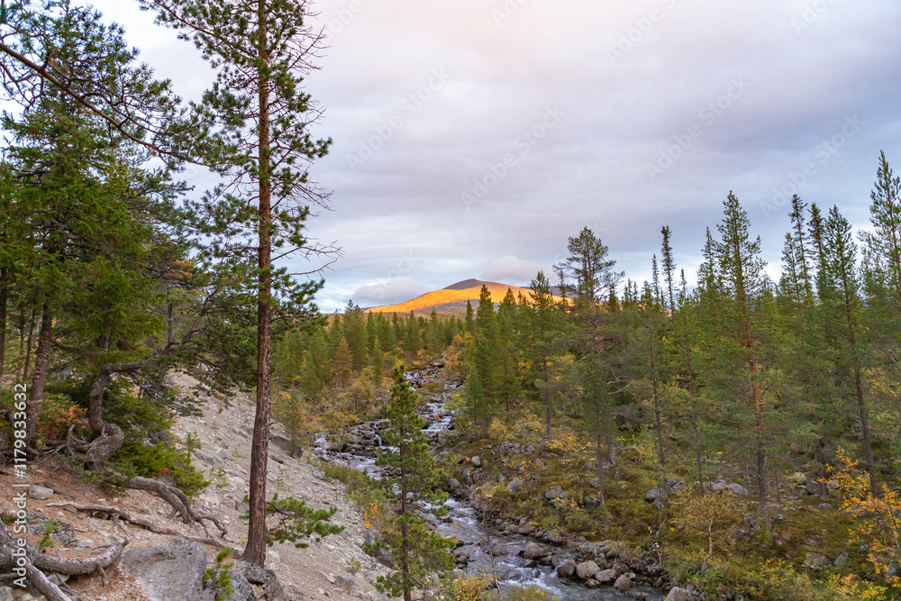 Chasnayok creek in Khibiny mountains near Chorrgor south pass. Early autumn in arctic tundra region. Kola peninsula, Murmansk region, Russia.