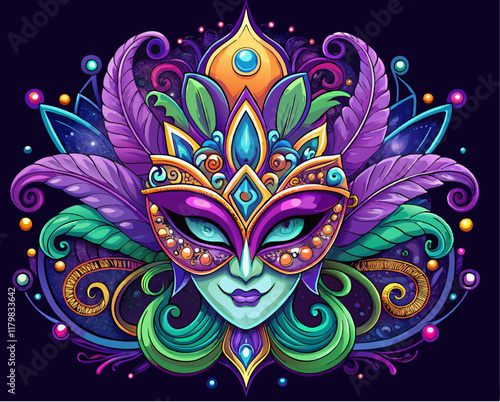 Beautiful Mardi Gras mask illustration generative ai