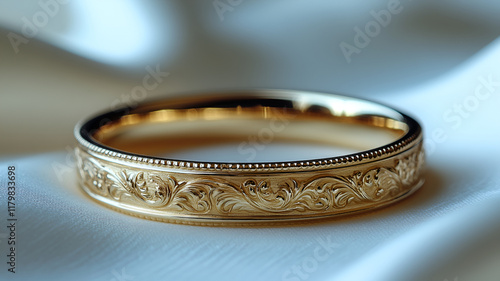 Elegant gold wedding ring with intricate engraving and detailed design photo