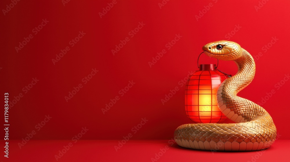 Fototapeta premium Glowing Golden Snake with Lantern on Red Background