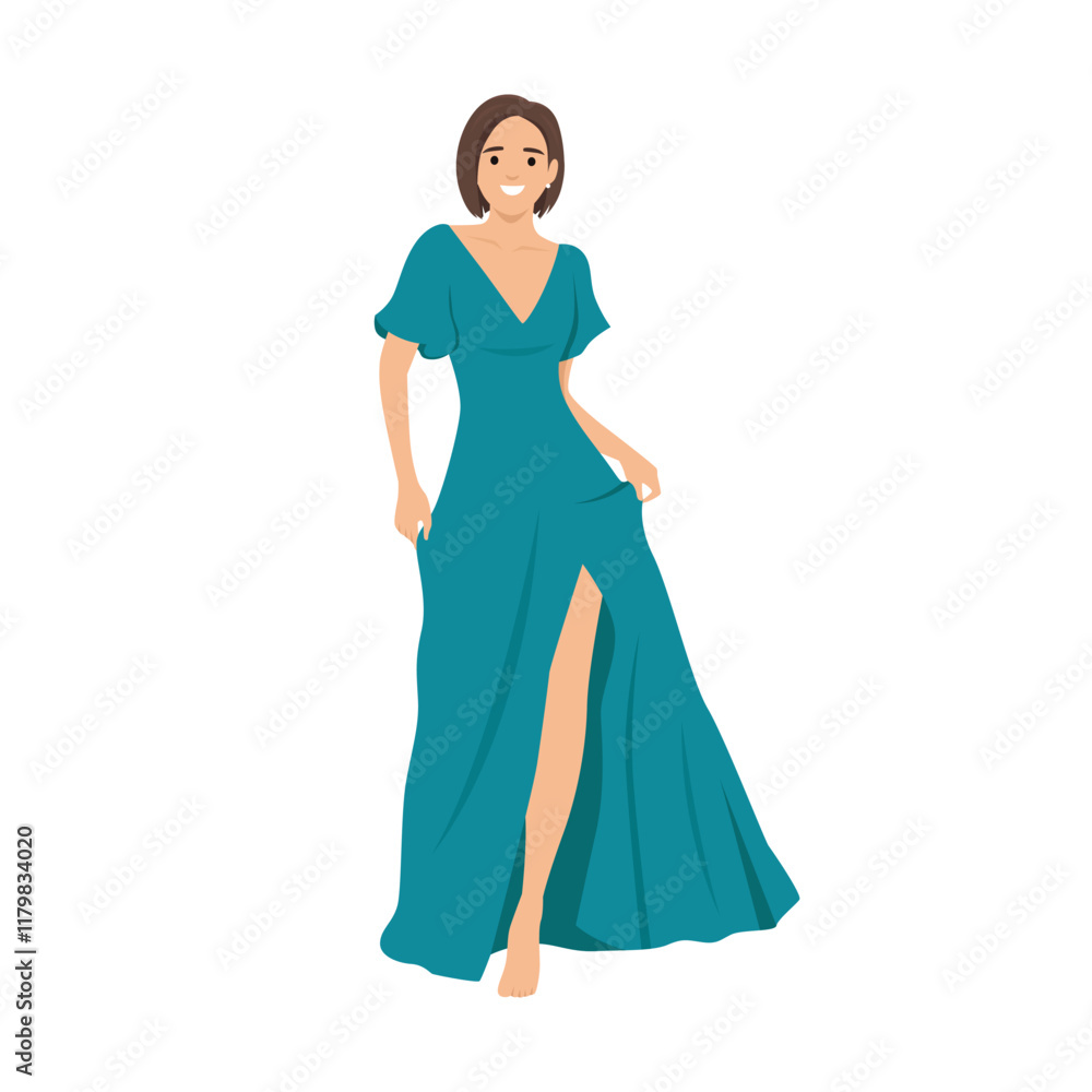 Beautiful young woman in a summer dress. Fashion model in a summer outfit. Flat vector illustration isolated on white background Beautiful young woman in a summer dress. Fashion model in a summer outfit. Flat vector illustration isolated on white background