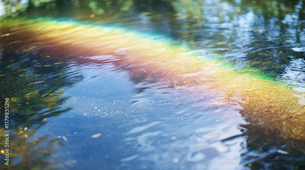 Obraz premium A calm body of water reflecting a vibrant rainbow and lush greenery surrounding it.