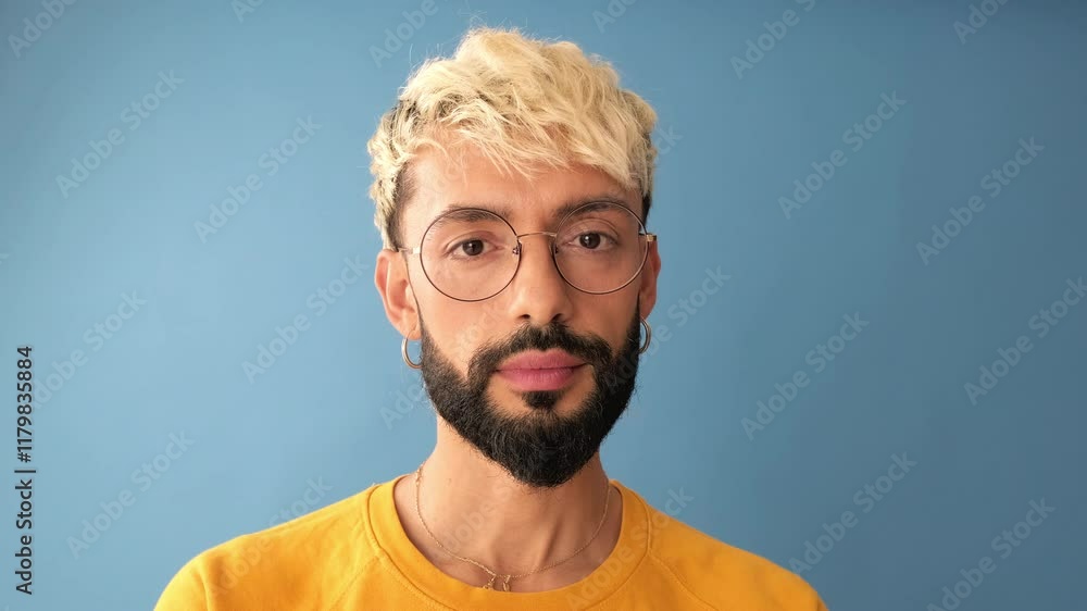 Close-up of guy with glasses, dressed in yellow T-shirt, looking at camera, isolated on blue background in studio Close-up of guy with glasses, dressed in yellow T-shirt, looking at camera, isolated on blue background in studio