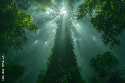 Wallpaper Mural Sunbeams filtering through a lush green forest canopy, creating a mystical and serene atmosphere.  The radiant light illuminates the leaves and branch Torontodigital.ca