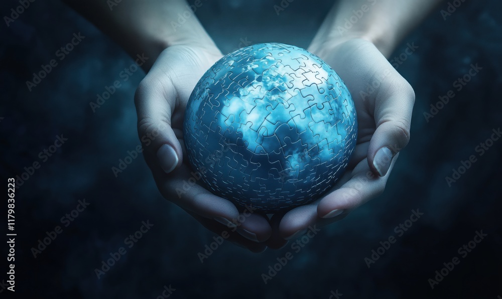 Puzzle globe held in hands symbolizing global unity and interconnectedness, reflecting environmental concerns and the importance of collaboration Puzzle globe held in hands symbolizing global unity and interconnectedness, reflecting environmental concerns and the importance of collaboration