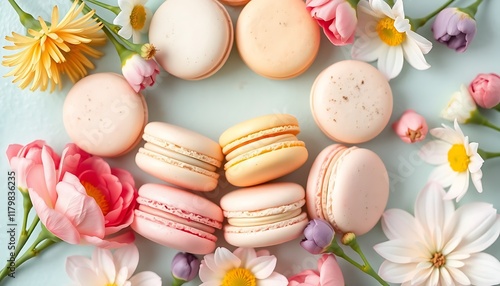 Pastel Macarons Surrounded by Delicate Spring Flowers on Mint Background