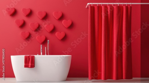 Heartpatterned shower curtain in shades of red and pink, paired with Valentinesthemed accents, cozy charm, romantic decor, stylish bathroom photo