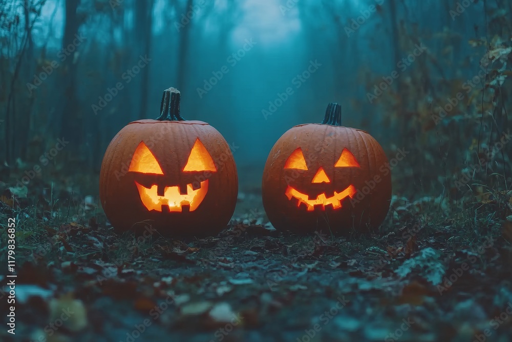 Spooky Halloween Scene with Two Carved Pumpkins Illuminated in a Dark Forest Path Surrounded by Fog and Autumn Leaves for Festive Celebrations Spooky Halloween Scene with Two Carved Pumpkins Illuminated in a Dark Forest Path Surrounded by Fog and Autumn Leaves for Festive Celebrations