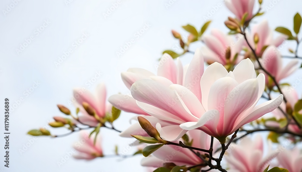 Obraz premium Pink Magnolia Blossoms Branch Soft Pastel Sky Background