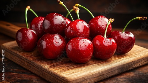 Fresh Cherries on a Wooden Cutting Board photo