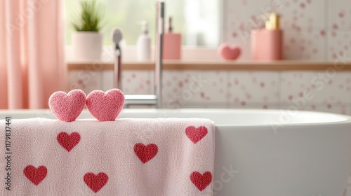 Heartpatterned shower curtain in shades of red and pink, paired with Valentinesthemed accents, cozy charm, romantic decor, stylish bathroom photo