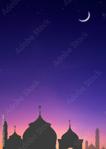 Mosque Dome and Crescent Moon on Night Ramadan Sky Vertical Background, Silhouette Minaret and Star on Twilight for Islamic Holy month and Eid al-Adha, Eid al-fitr, Mubarak Festival, illustration