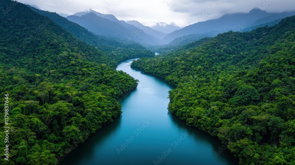 A serene river winds through lush green mountains, surrounded by dense forests under a cloudy sky, creating a tranquil and picturesque landscape. A serene river winds through lush green mountains, surrounded by dense forests under a cloudy sky, creating a tranquil and picturesque landscape.