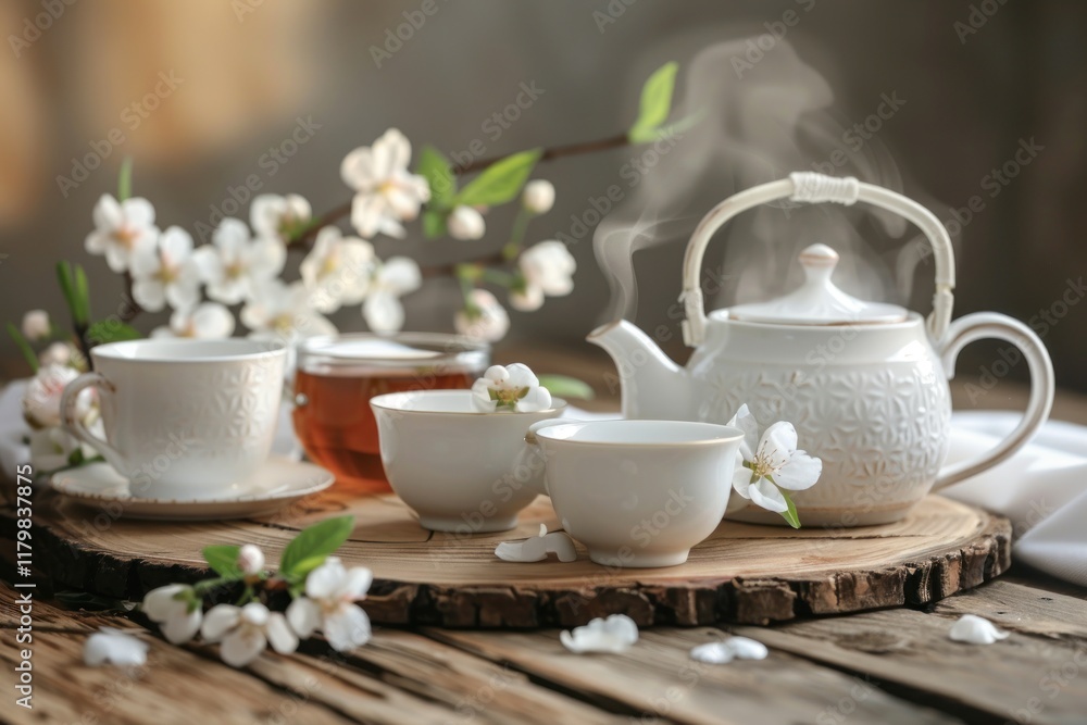 A delicate porcelain tea set with cups and teapot sits on a wooden table, surrounded by flowers and warm light A delicate porcelain tea set with cups and teapot sits on a wooden table, surrounded by flowers and warm light