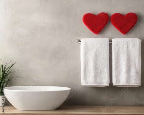 Valentinesthemed bathroom with heartshaped towel hooks and matching decor, practical romance, cozy interior, thoughtful design photo