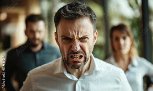 Angry man expressing frustration in office environment with two colleagues observing, tense atmosphere, emotional conflict, workplace dynamics