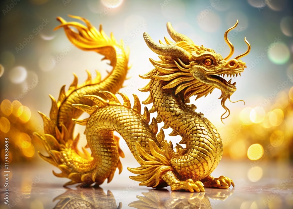 Fototapeta premium Majestic Golden Dragon Statue, Isolated on White Background - Regal Asian Mythical Creature